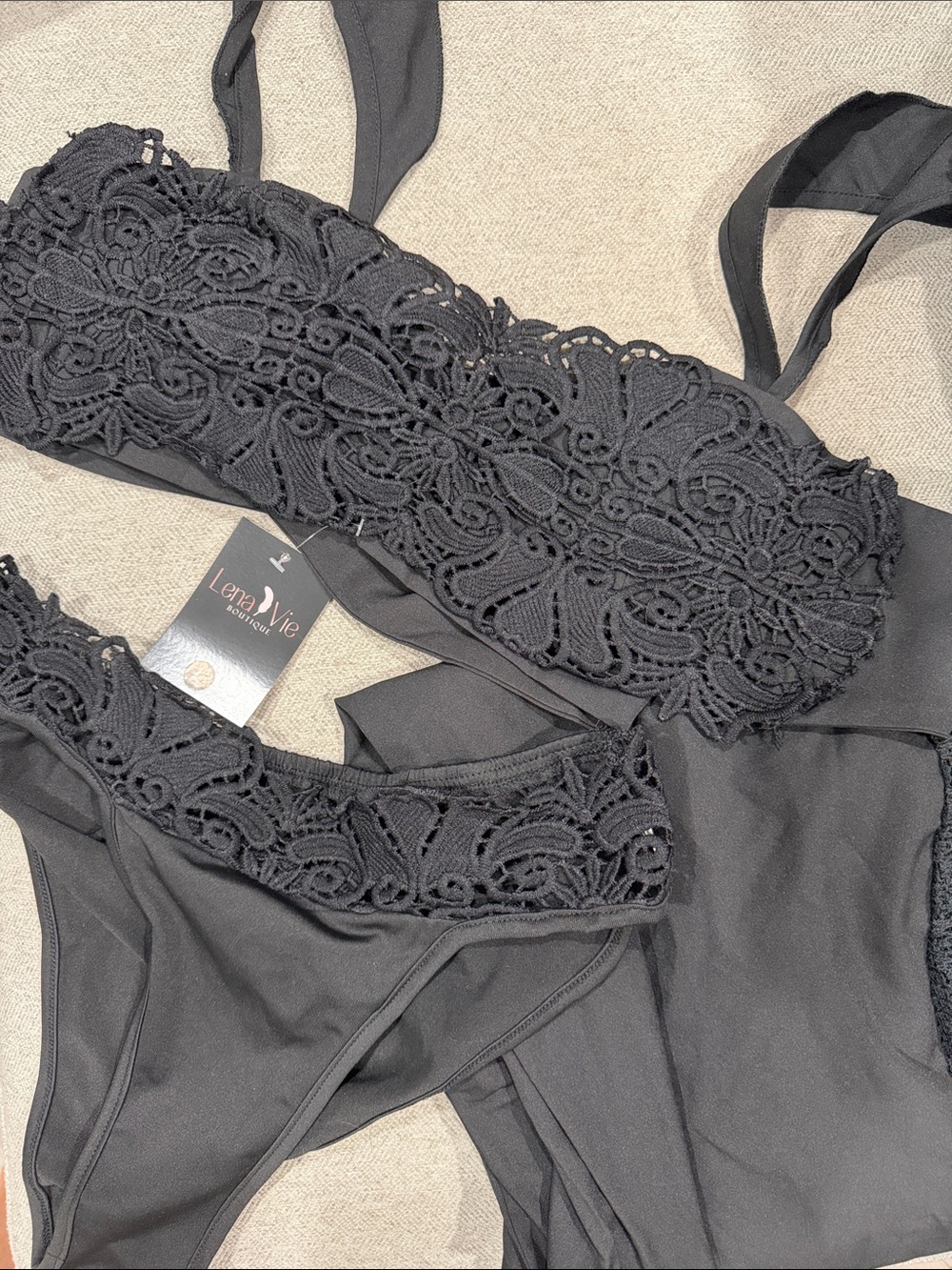 Black Crochet Bandeau Bikini 3 piece Set